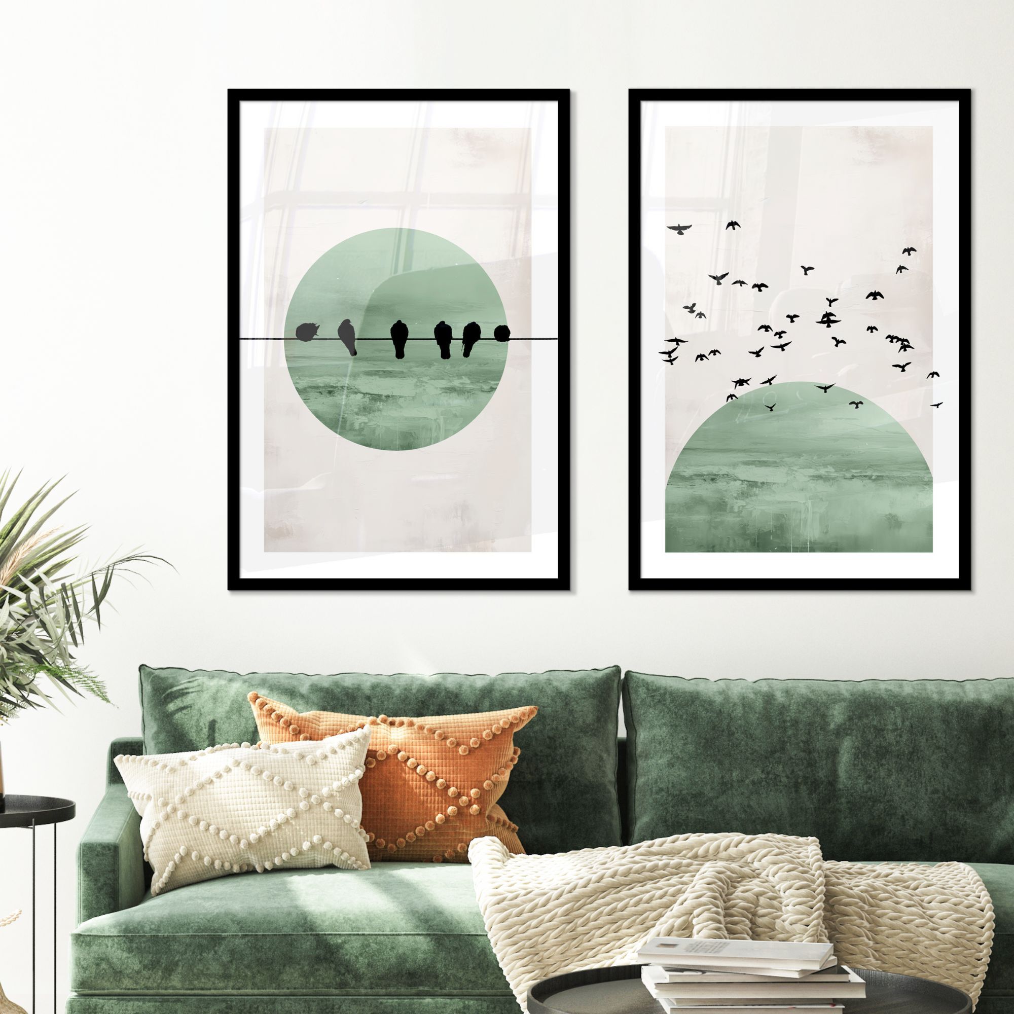 Fotowand vogels van vrijheid aan een muur boven een groene bank