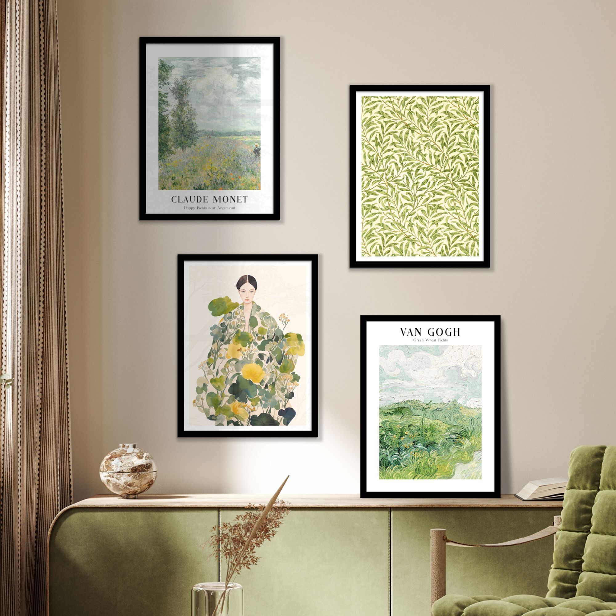 Fotowand artistiek groen aan een muur boven een groen dressoir